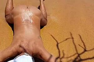 Hot Latina shemale gets public beach booty banging