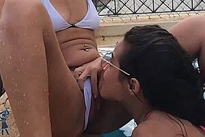 Public pool encounter turns into wild Latina pussy fest