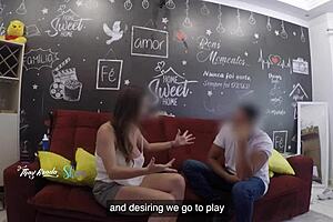 Old wife teases delivery guy on the sofa outside