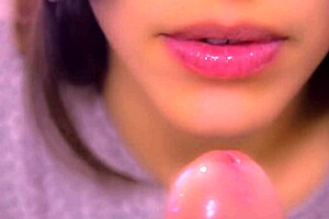 japanese babe gives close-up blowjob with cum in mouth