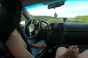 Handjob while driving on the public road
