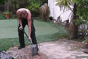 The fat blonde in sexy underwear is calling the worker to her