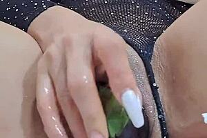 sexy colombian feels intense orgasm masturbating with fingers and big eggplant in gaping pussy