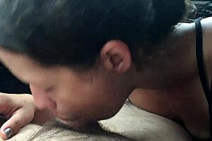 Young woman gives blowjob in public and gags