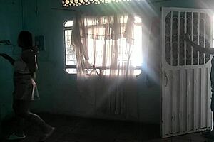 Daring hot brunette sneaks into neighbor's house. Ends up in steamy standing lesbian sex with curvy neighbor.