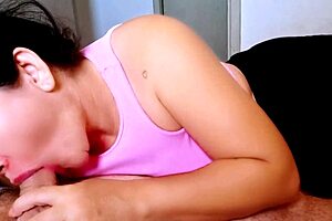 stepmom sucks stepson to settle a bet, swallows cum shyly