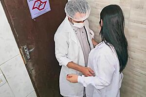 doctor and nurse can't resist, banging in hospital bathroom during night shift while patients wait.