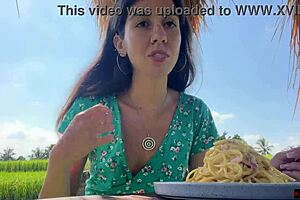 Public cumwalk in cafe with sperm on face over pasta