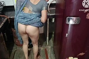 stepmom banging stepson hard in the kitchen behind mom