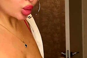 Milf with huge natural tits pours milk for you to lick off