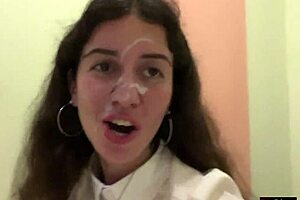 Cum splattered on her face in public cafe - she eats lunch covered!