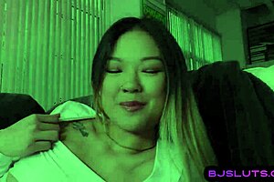 tattooed asian babe gags on bf's cock in pov