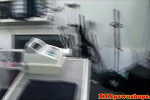 Pawnshop lady gives a close-up blowjob before bending over for hidden cam doggystyle action.