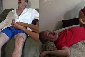 I can’t resist these footjobs cumshots on split screen!