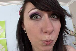 Slutty brunette's shaved pussy gets pounded by a big white dick with blowjob and creampie.