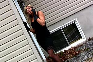 My sexy new girlfriend teases me by smoking outside in provocative lingerie