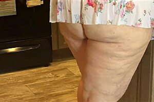 Big boobed BBW busty milf white girl maid with hot juicy fat ass in mini dress panties to the side cleaning house showering and flashing pussy close up with upskirt view