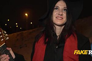do you think this busking musician slut will get boned in the taxi backseat for cash outdoors?