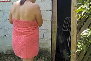 Shower breaks so married woman in towel asks caretaker for help and pays with sex.
