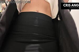 stuck in the elevator during spain's blackout, this brunette ends up fucking her married neighbor with passionate doggystyle and lingerie teasing