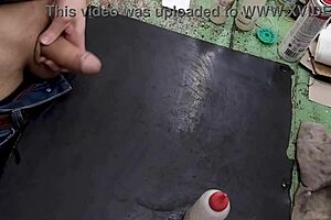 Masturbating Big Cock on Workbench with Small Waist