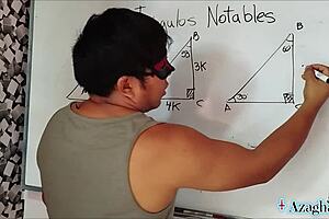 Nerdy university student explores trigonometry in erotic bedroom scene with teacher