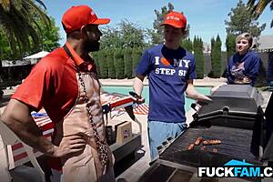 Stepmom faints while watching stepdaughter give blowjob to husband and stepson in threesome