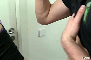 german teen 18+ gets blowjob and cum in stairwell threesome 😈