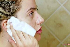 Gorgeous Blonde Takes A Refreshing Shower In The Bathroom Setting