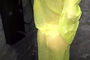 horny girlfriend gives blowjob with raincoat in shower, cum on face