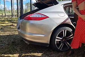 hey, we got caught fucking in forest with big tits milf taking monster cock doggystyle outdoors