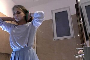 Why does this hot skinny long hair blonde wife wear a new blue super short miniskirt over white cotton panties?