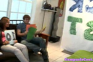 Sweet college coeds from dorm sorority get fucked in missionary during group sex tape with redhead student