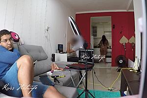 wife parades in transparent white bikini flashing big pussy while husband films technician visit