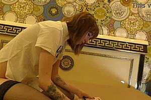 Watch This Hot Tight Pussy Skinny Redhead Ignored Braless No Panties In Black Stockings On Bed!