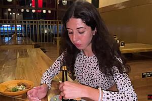 Brunette Sucks Huge Cock in Sushi Bar Toilet for Cum Facial