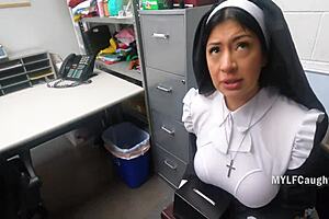 Nun cami strella gets caught in office and satisfies mike mancini's cock with her mouth at work.