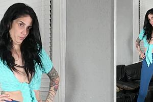 jazmin tries on leggings and wrap shirt for her photoshoot