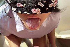 POV Thai girl gives blowjob that feels so good on cock. This horny babe deepthroats in bedroom couple play.