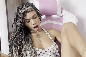 This brunette boldly stuffs toy dildo deep in her wet pussy with natural tits lingerie action.