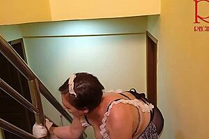 Hey, check out this depraved maid Regina Noir showing off her juicy pussy while cleaning stairs in lingerie