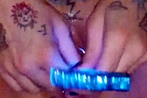 Watch my piss hole stretching progress with smooth wet pussy cumming and big natural tits glowstick show