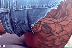 beauty in stockings and shorts rides big cock with hairy pussy. she takes creampie in brazilian big ass.