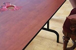 hey, watch this femdom slave get his big cock stomped barefoot under the desk until cum explodes in cfnm footjob domination