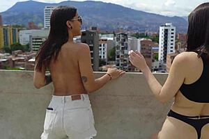 exhibicionist sex on rooftop ends with construction worker fucking them hard