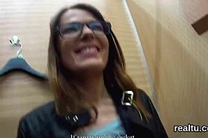 Glamorous Czech girl teased in mall before intense POV nail with clothes ripped and striptease in shop