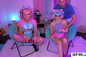 Girlfriends with small tits play games and enjoy threesome fun