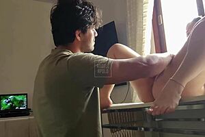 friends kiss while fucking the big ass blonde in kitchen