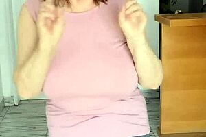 giant mature boobs swing without bra to music in hot striptease with clothes ripping off