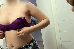 Stepsister watches stepbrother jerk off on her big tits in the shower!